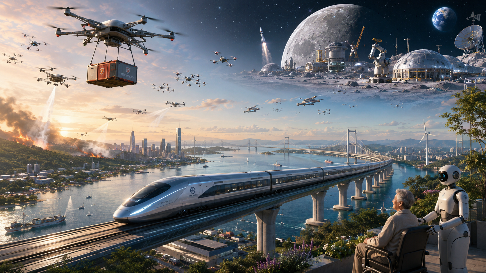 A worldwide high-speed train, coordinated drones, companion robotics, and a robotic lunar settlement representing the projects of Prosperous Planet.