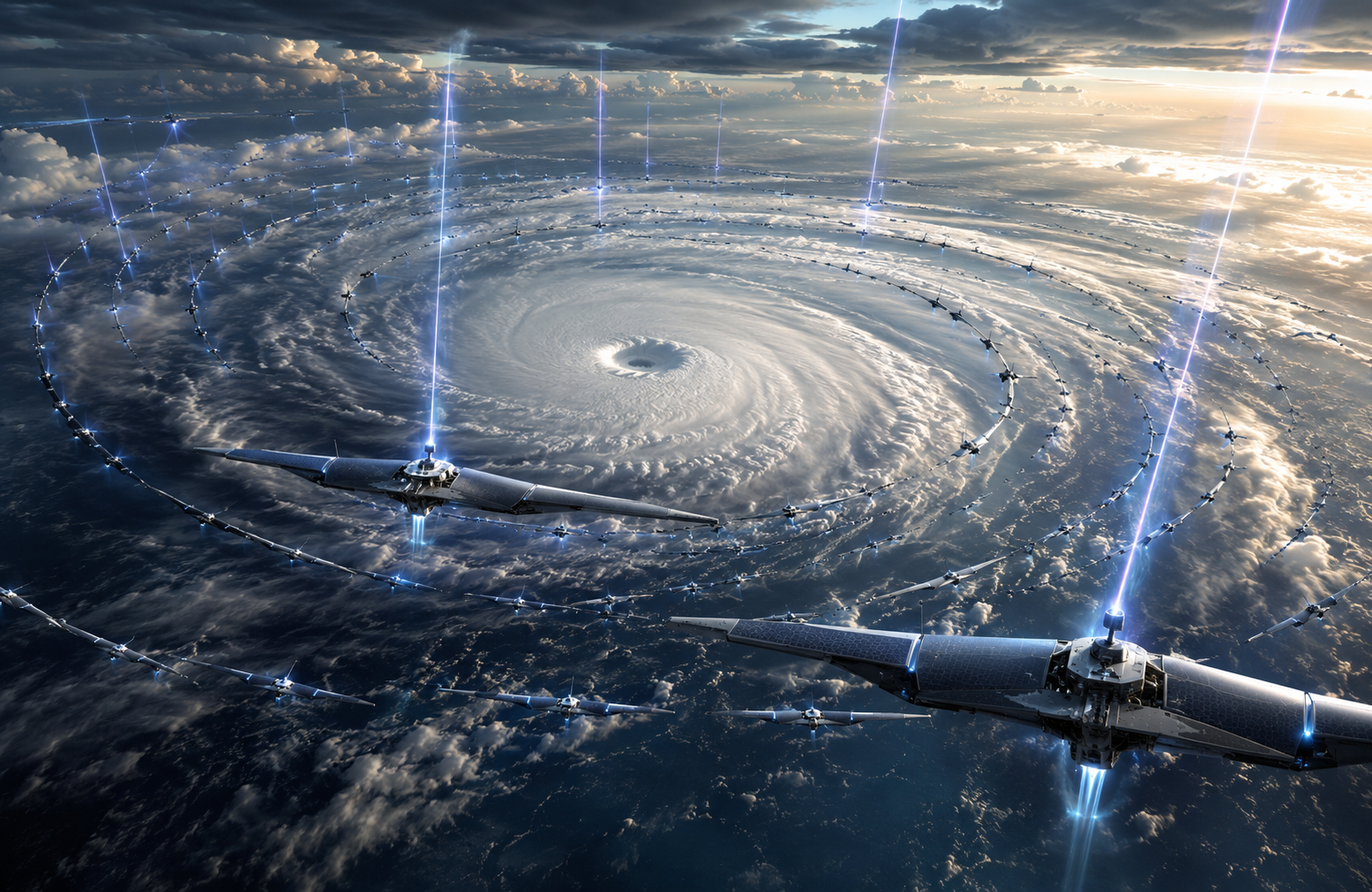 An aerial view of a swarm of drones approaching an enormous typhoon and shining lasers into space