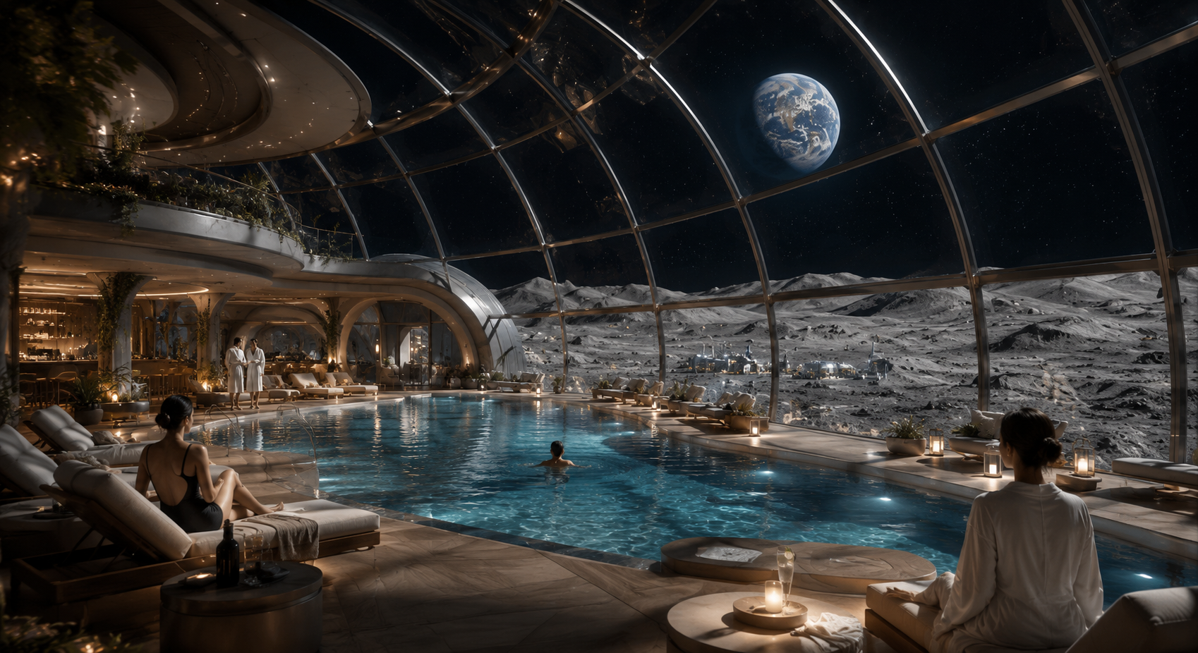 An extravagant hotel on the moon is overlooking a pool with a view of Earth in the window.