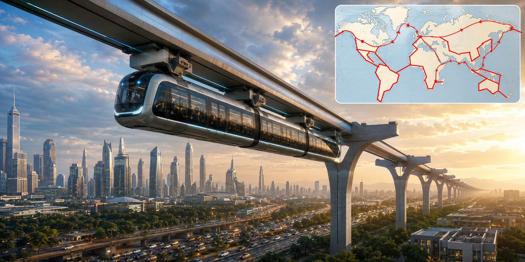A high-speed international train crossing a monumental bridge between nations as part of a future worldwide rail network.