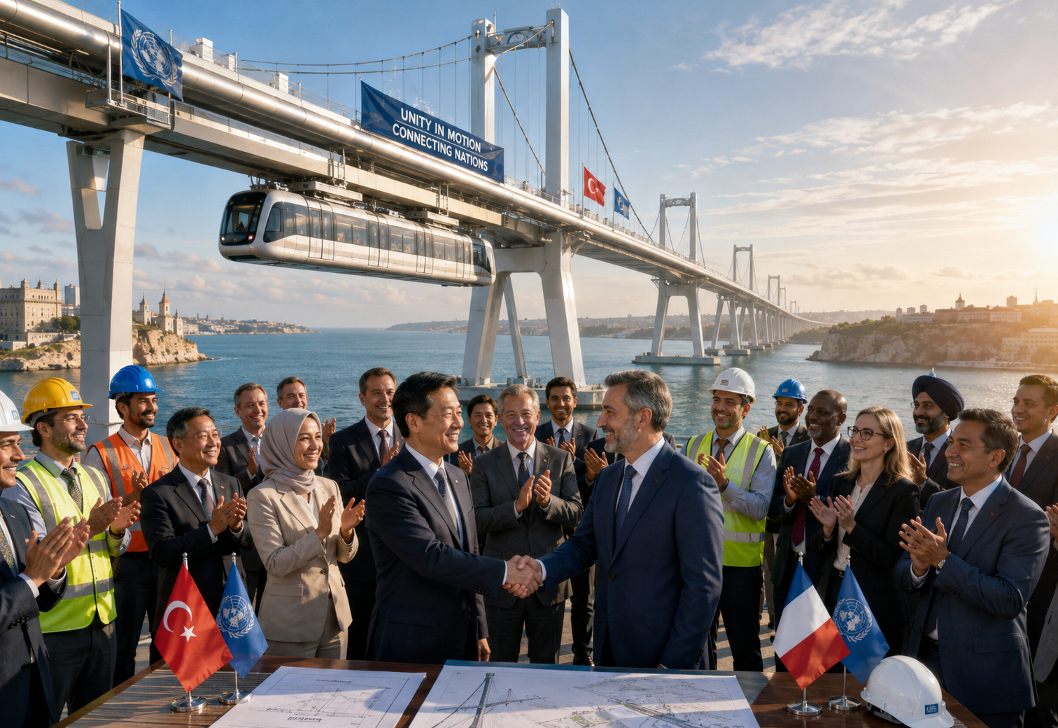 Workers and representatives from neighbouring countries meeting on a newly completed international rail bridge.