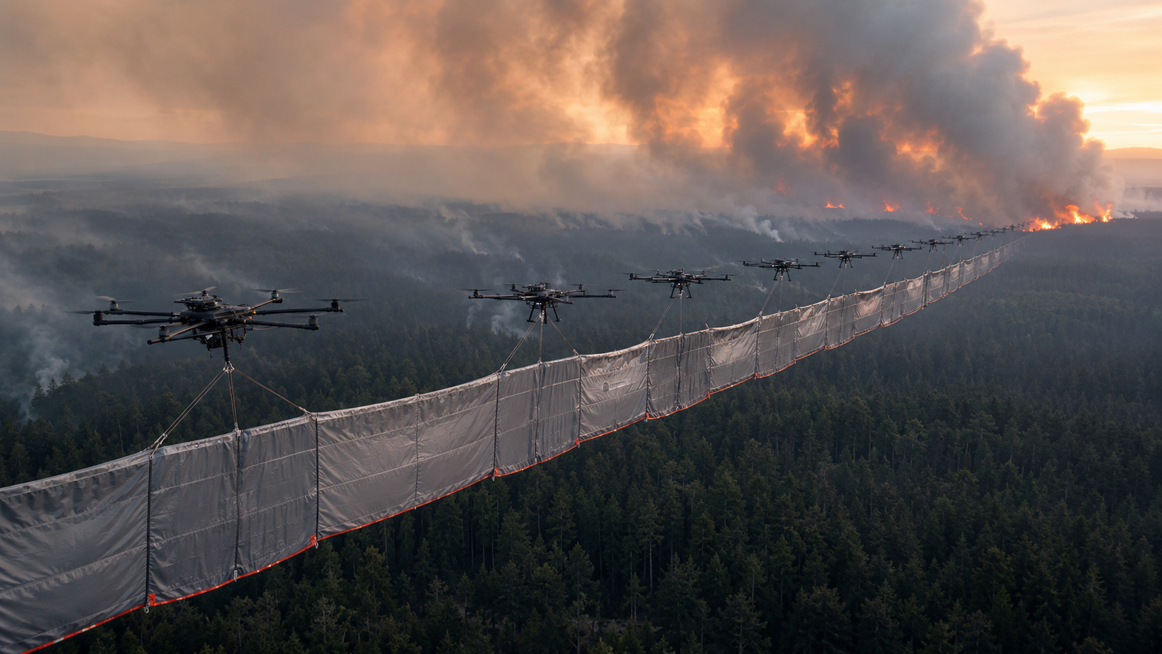 A line of flying air drones carrying a fire blanket towards a forest fire.